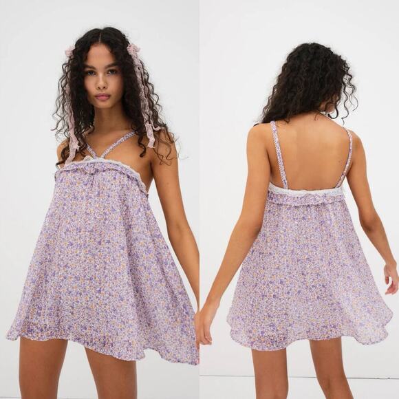 For Love & Lemons NWT Mitra Floral Mini Dress Lavender Purple Size Medium - Picture 1 of 9